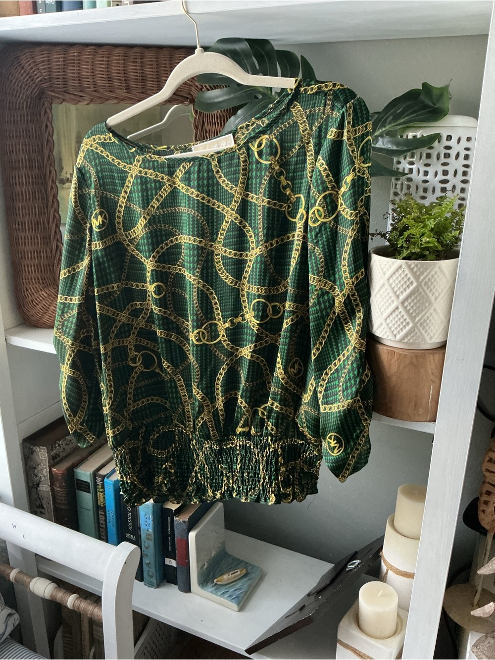 Michael Kors Dark Green Blouson Top with Gold Chain Print